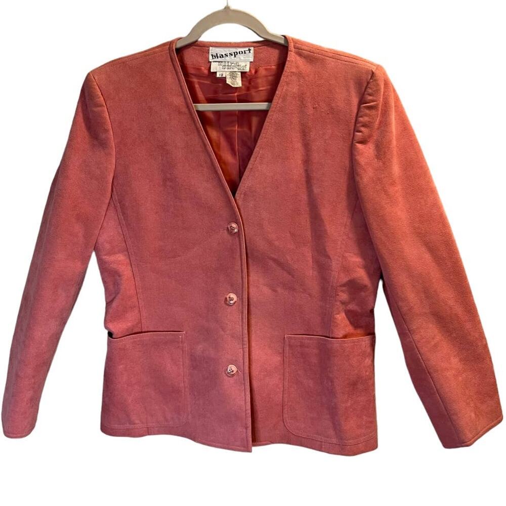 Blassport Vintage Ultra Suede Button Front Blazer Jacket Pink Sz 12 Long Sleeve